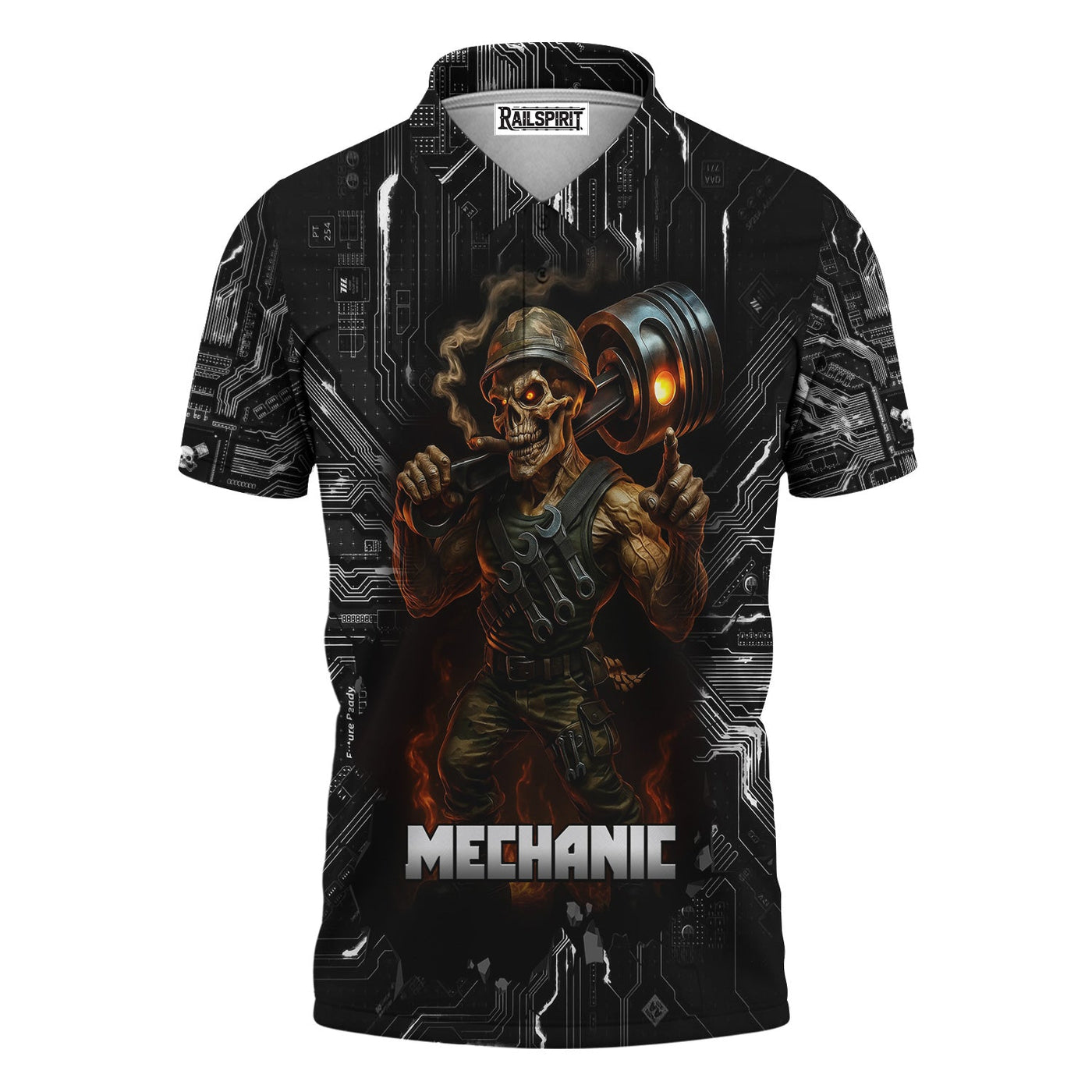 Blisscorners Mechanic Shirt Soldier Skull Holding Giant Engine Piston Design T Shirt All Over Printed