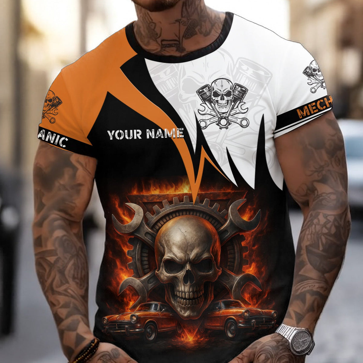 Blisscorners Custom Name Mechanic Shirt Flame Skull Wrench Gear Vintage Car Design T Shirt