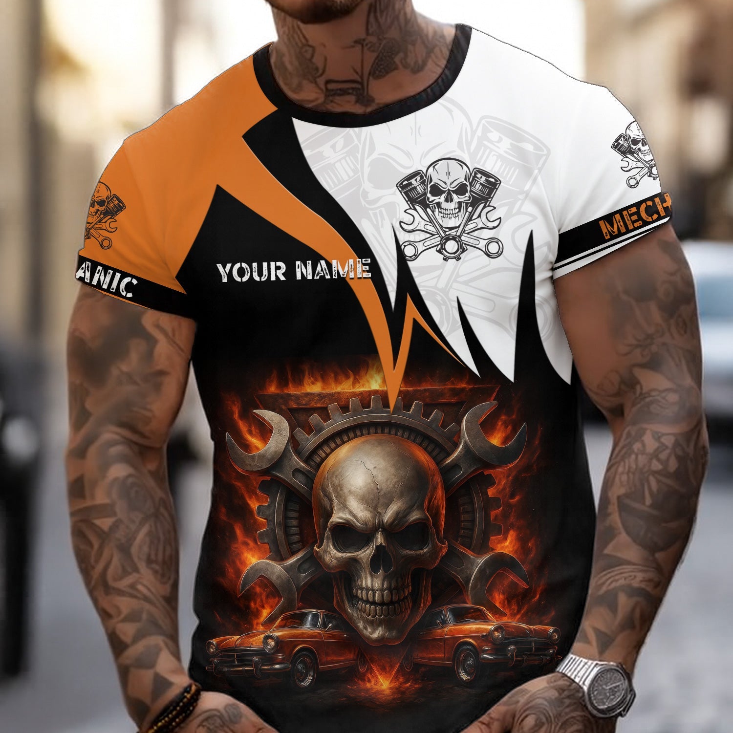 Blisscorners Custom Name Mechanic Shirt Flame Skull Wrench Gear Vintage Car Design T Shirt