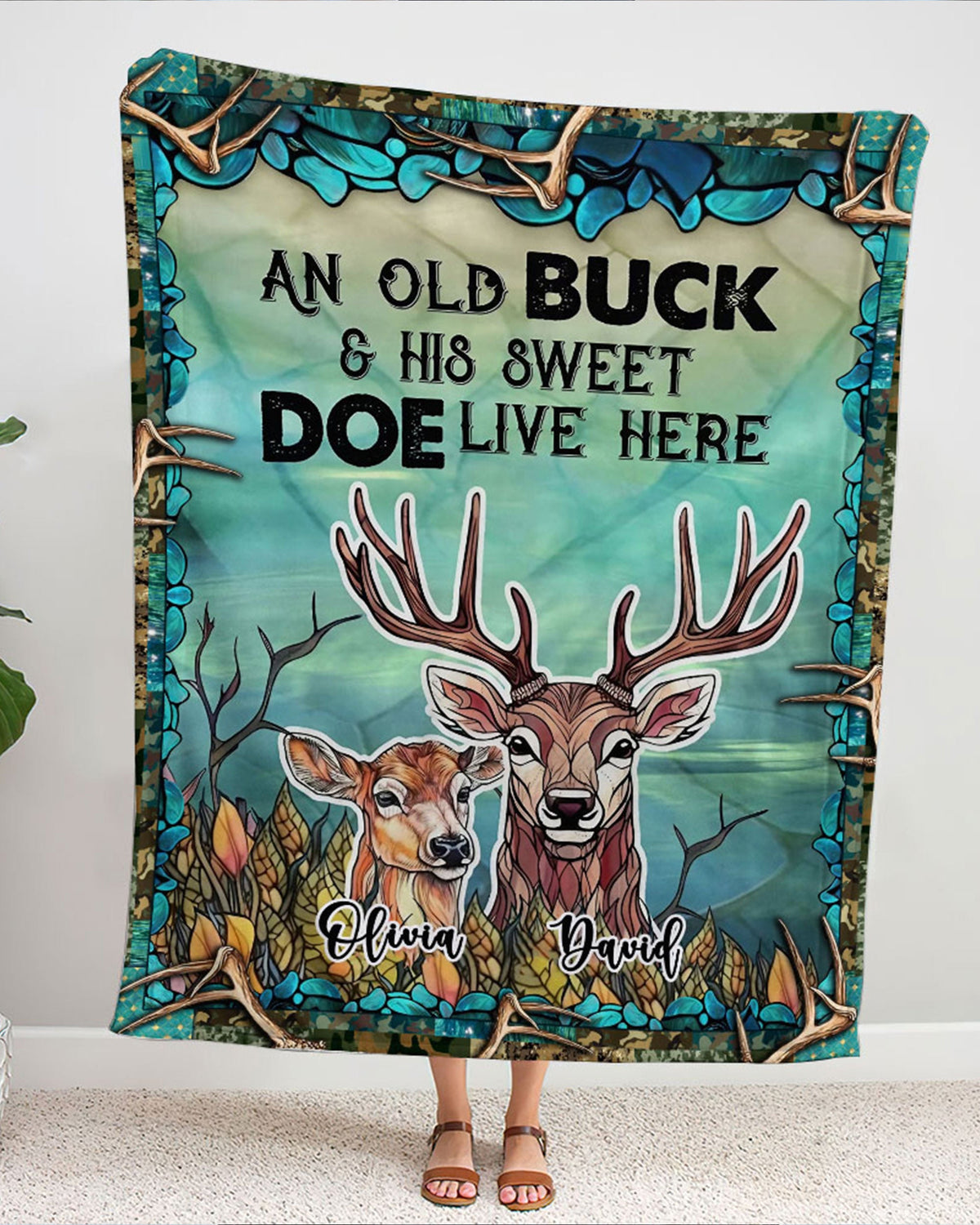 BLISSCORNERS PERSONALIZED LIVE HERE COUPLE DEER FLEECE BLANKET