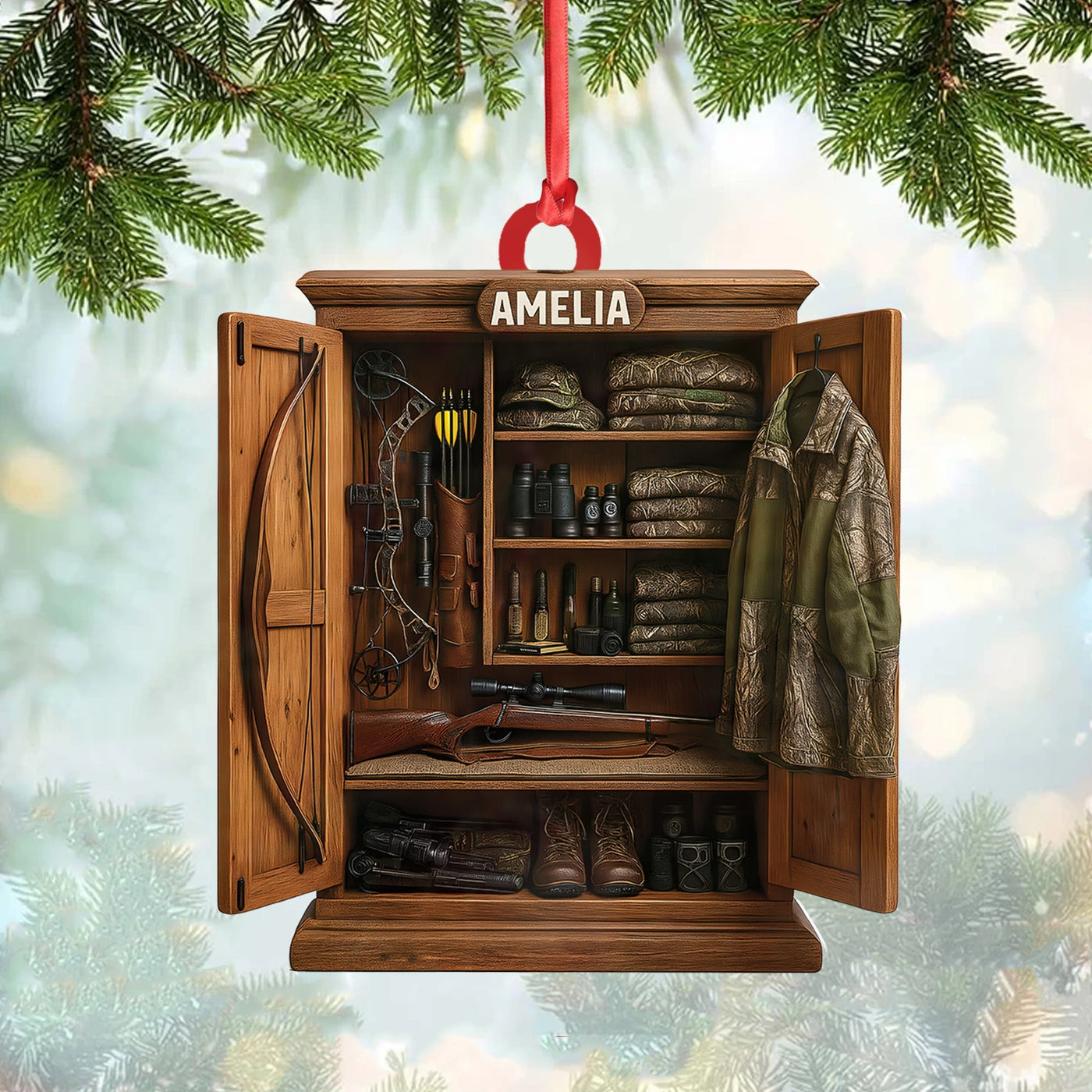 Blisscorners Personalized Hunter- Gear Closet Ornament, Custom Name Hunting Equipment Christmas Decoration LM0411