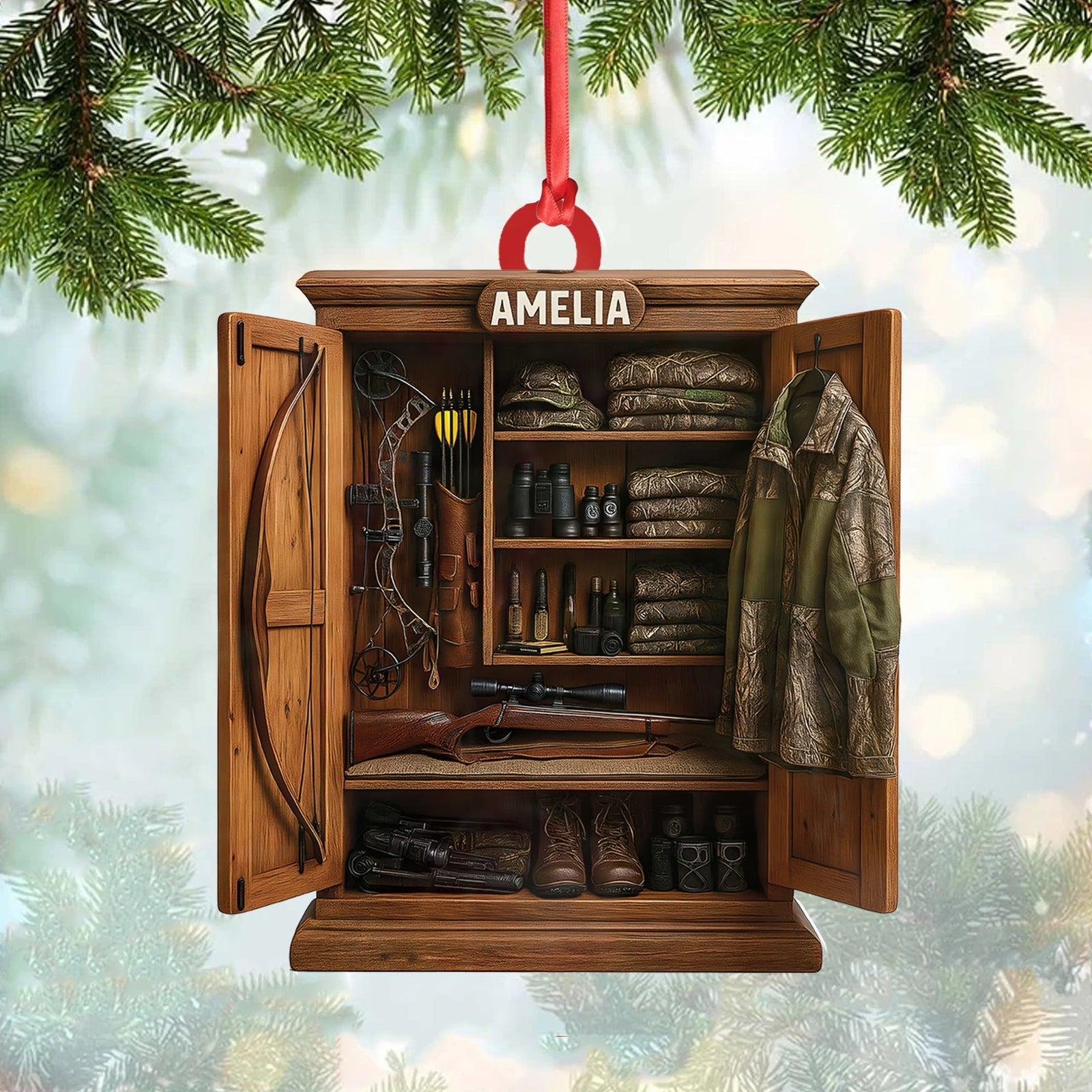 Blisscorners Personalized Hunter- Gear Closet Ornament, Custom Name Hunting Equipment Christmas Decoration LM0411