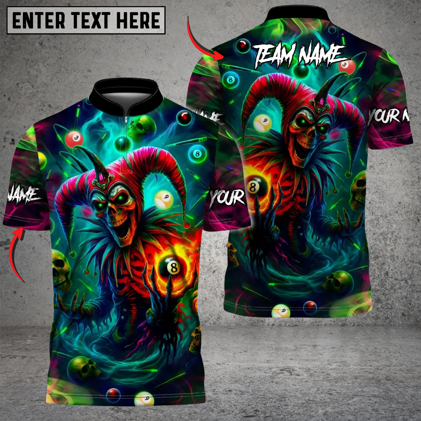 Blisscorners Evil Jester 8 Ball Billiards Multicolor Customized Name, Team Name 3D Shirt