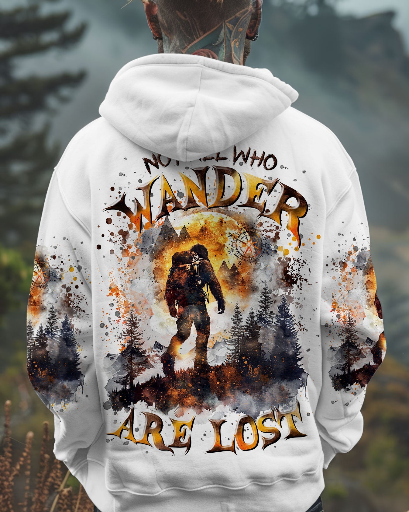 BLISSCORNERS NOT ALL WHO WANDER ARE LOST BIGFOOT COMPASS ALL OVER PRINT
