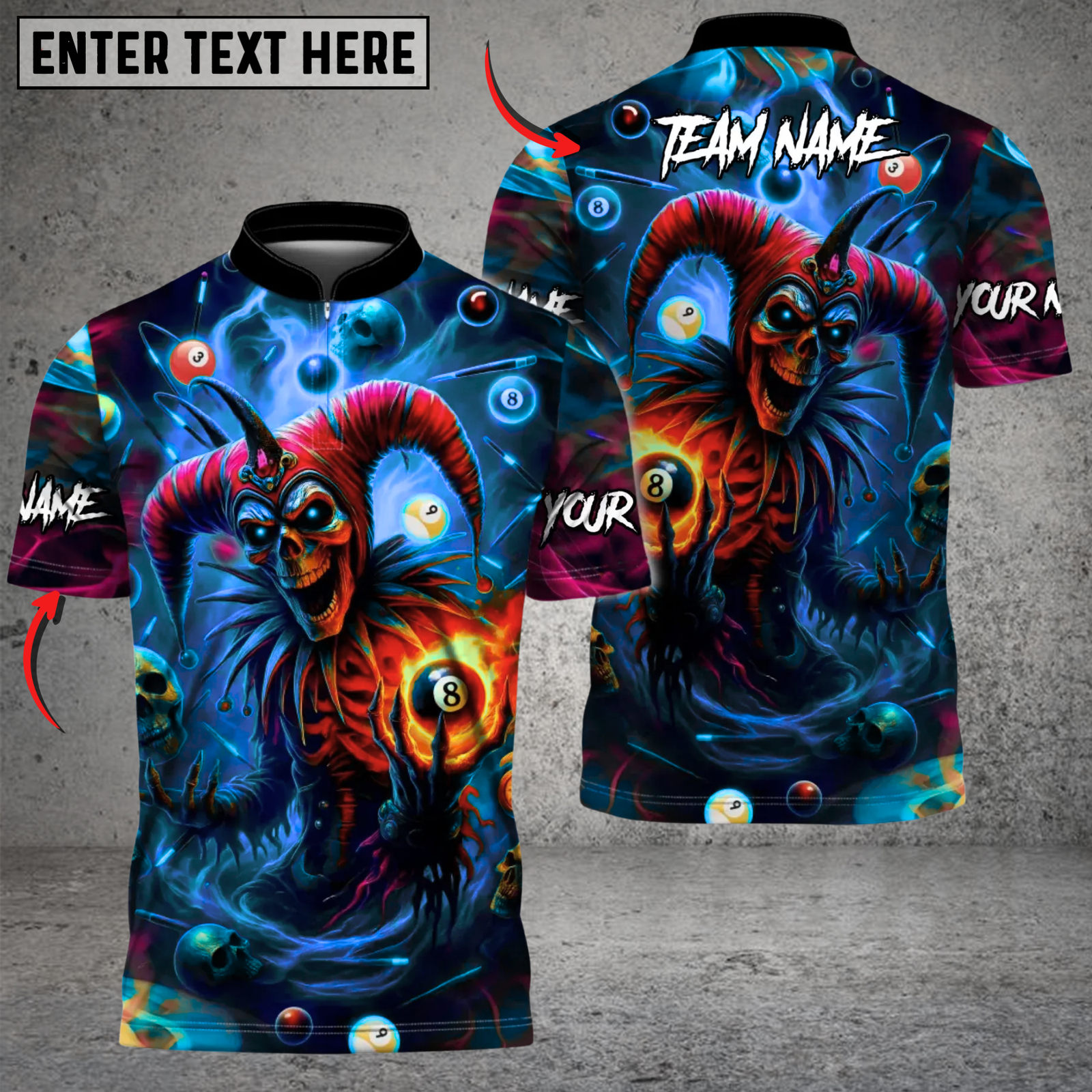 Blisscorners Evil Jester 8 Ball Billiards Multicolor Customized Name, Team Name 3D Shirt