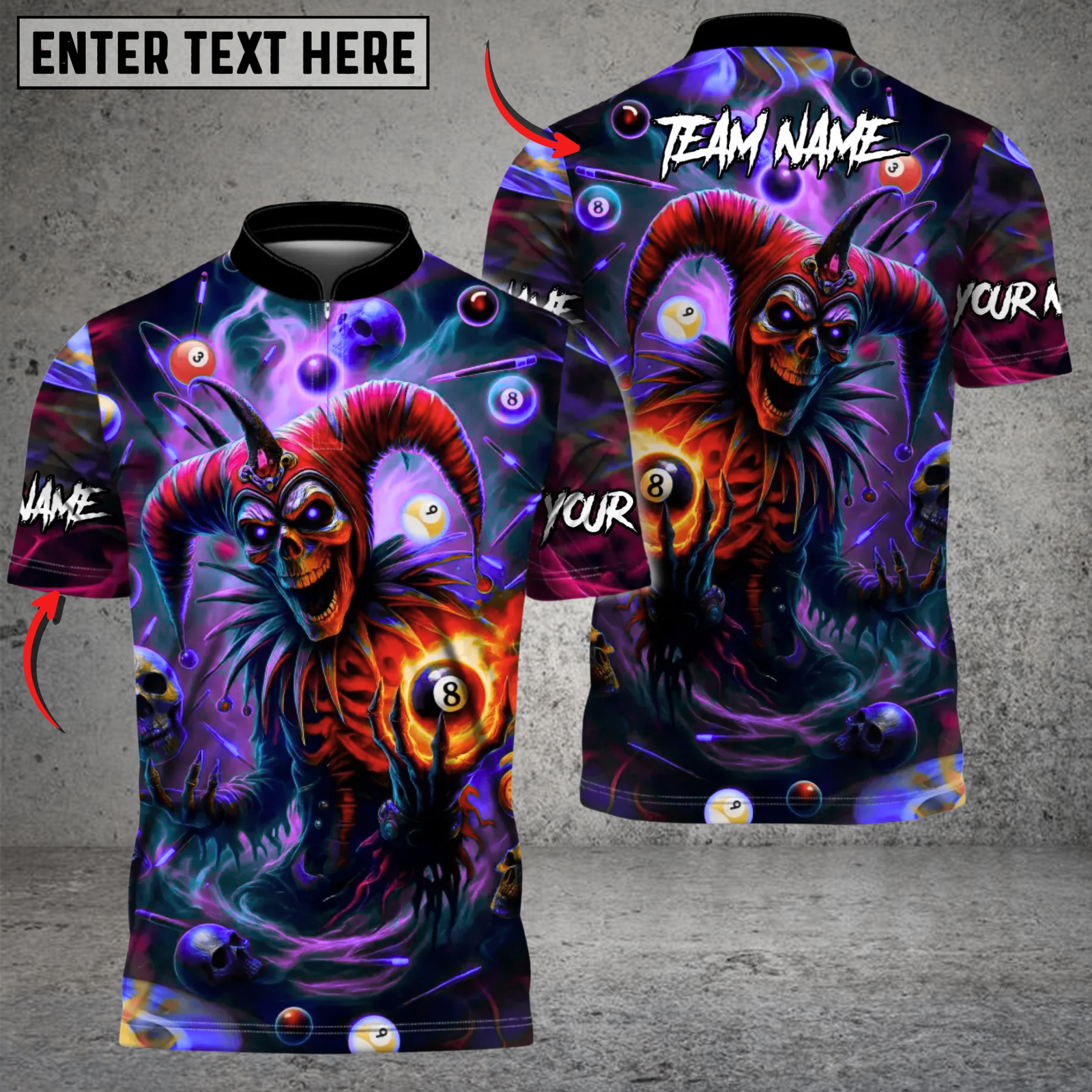 Blisscorners Evil Jester 8 Ball Billiards Multicolor Customized Name, Team Name 3D Shirt