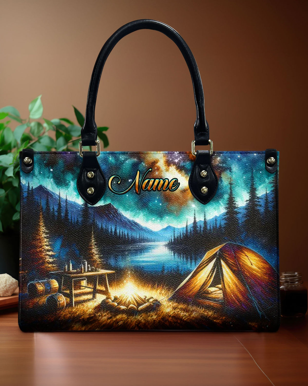 BLISSCORNERS CAMPING SCENE UNDER STARRY NIGHT SKY LEATHER HANDBAG