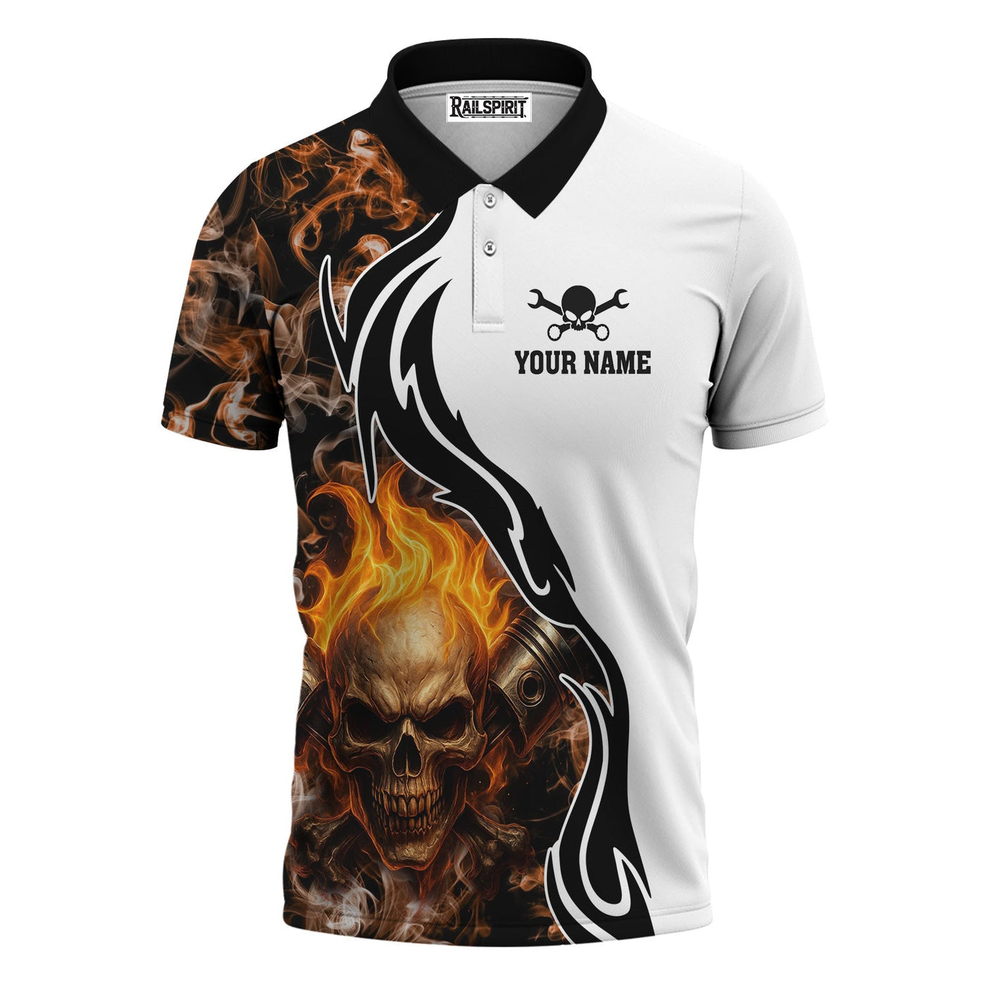 Blisscorners Personalized Mechanic Shirt, Skull Engine Piston Flame Design, Mechanic Uniforms, Gift For Men