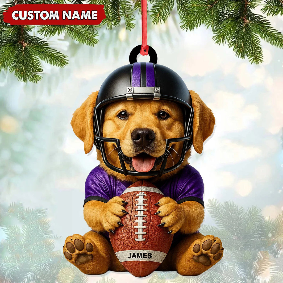 Blisscorners Personalized Football Puppy Christmas Ornament And Keychain, Custom Name Dog in Helmet Holding Ball, Cute Pet Lover Tree Decoration