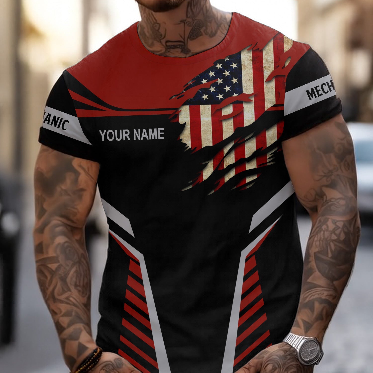 Blisscorners Personalized Mechanic Shirt, Wrenches and America Flag Design, Mechanic Uniforms, Gift For Men