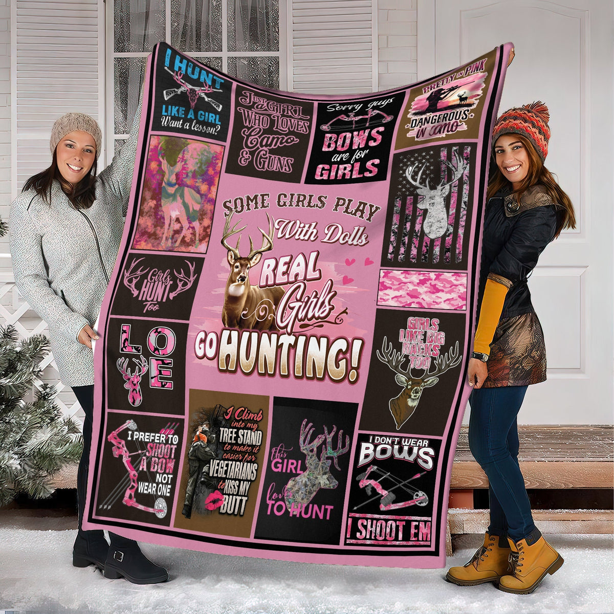 Blisscorners Real Girls Go Hunting Fleece Blanket - Pink Deer Hunting Gift for Women LM1611