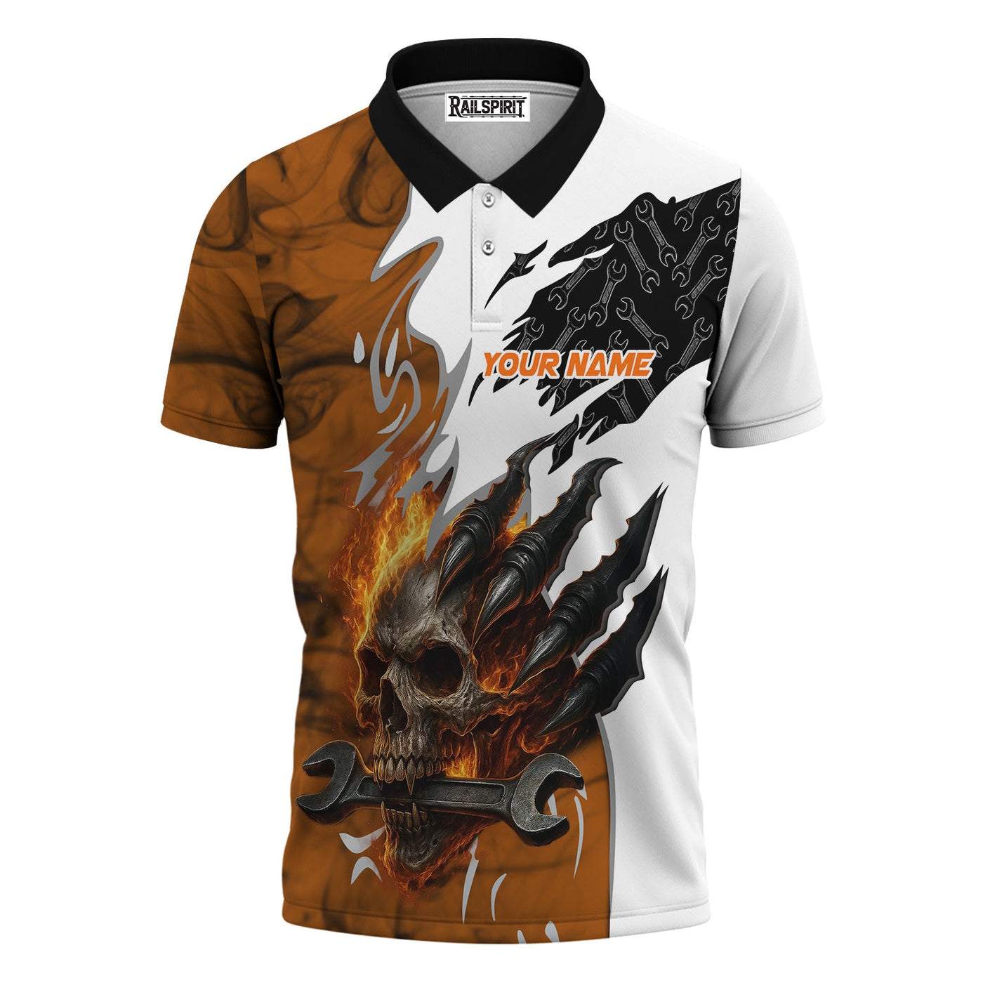 Blisscorners Personalized Mechanic Shirt, Skull Wrench Flame Claw Design, Mechanic Uniforms, Gift For Men