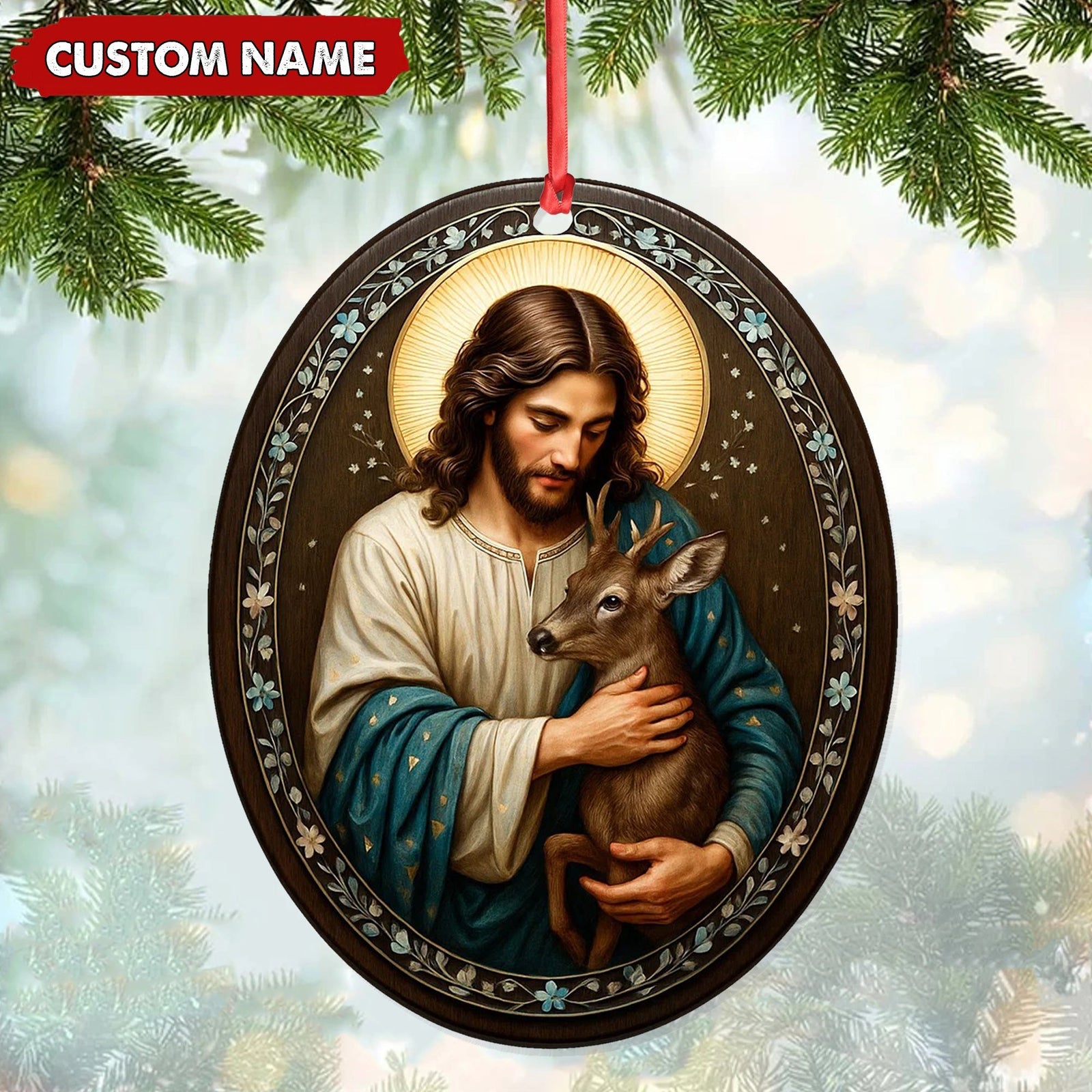 Blisscorners Custom Jesus Holding Deer Christmas Ornament, Personalized Name Christian Tree Decoration, Religious Woodland Gift for Faith Family MT2411