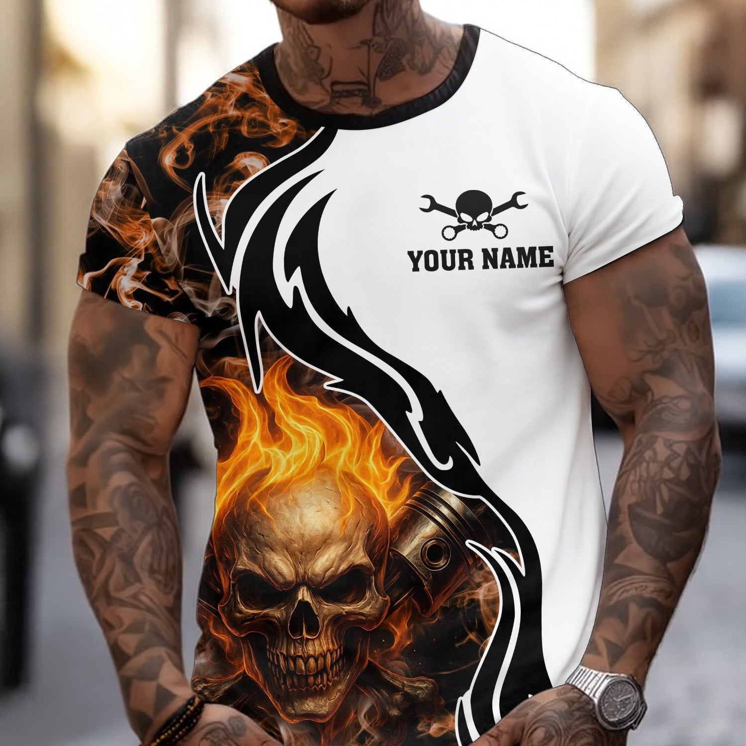 Blisscorners Personalized Mechanic Shirt, Skull Engine Piston Flame Design, Mechanic Uniforms, Gift For Men