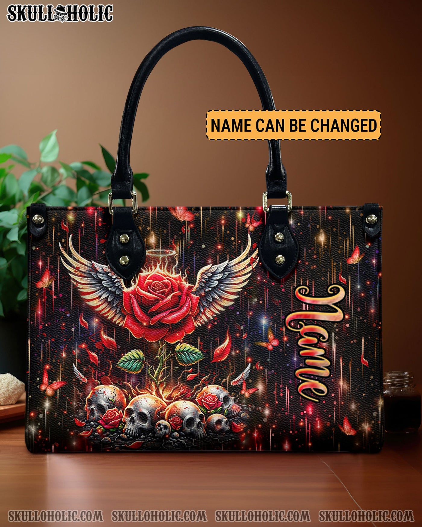 BLISSCORNERS SKULL ROSE WINGS LEATHER HANDBAG