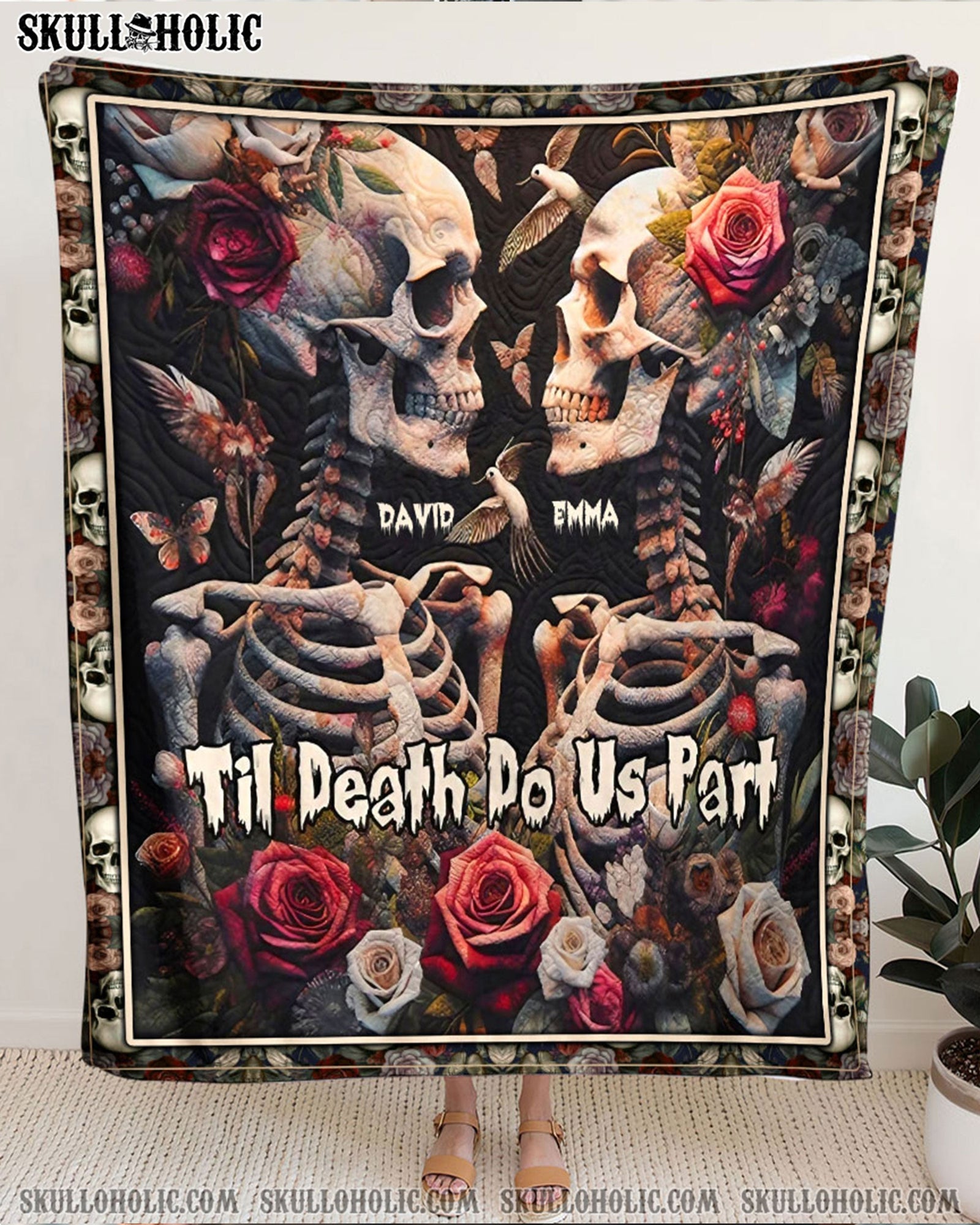 BLISSCORNERS PERSONALIZED TIL DEATH DO US PART SKULL COUPLE FLEECE BLANKET