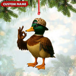 Blisscorners Personalized Cool Duck Christmas Ornament, Custom Name Mallard Wearing Hat, Funny Hipster Duck Tree Decoration