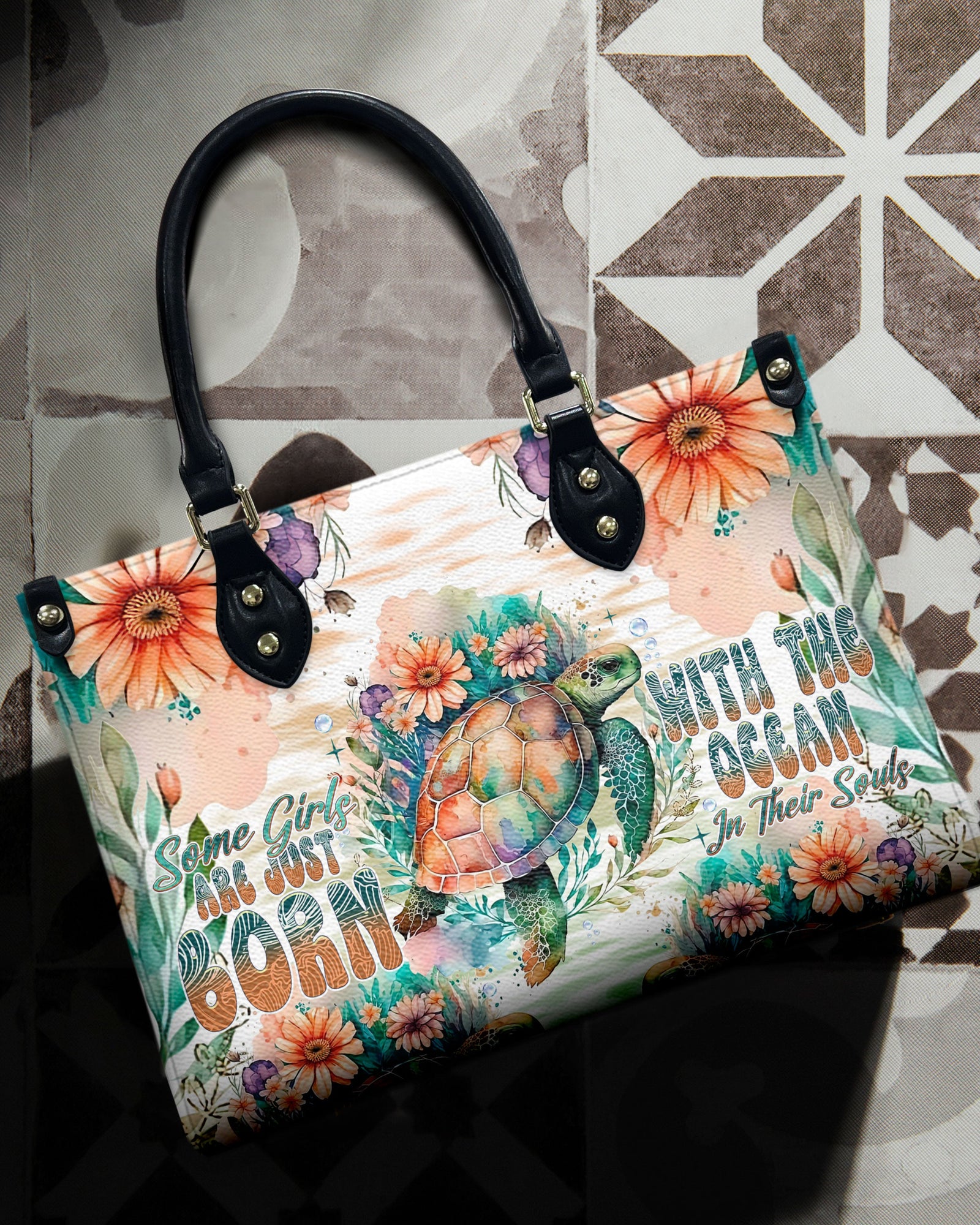 BLISSCORNERS SOME GIRLS ARE JUST BORN TURLTE WATERCOLOR LEATHER HANDBAG