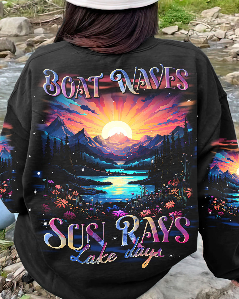 BLISSCORNERS BOAT WAVES SUN RAYS LAKE DAYS ALL OVER PRINT