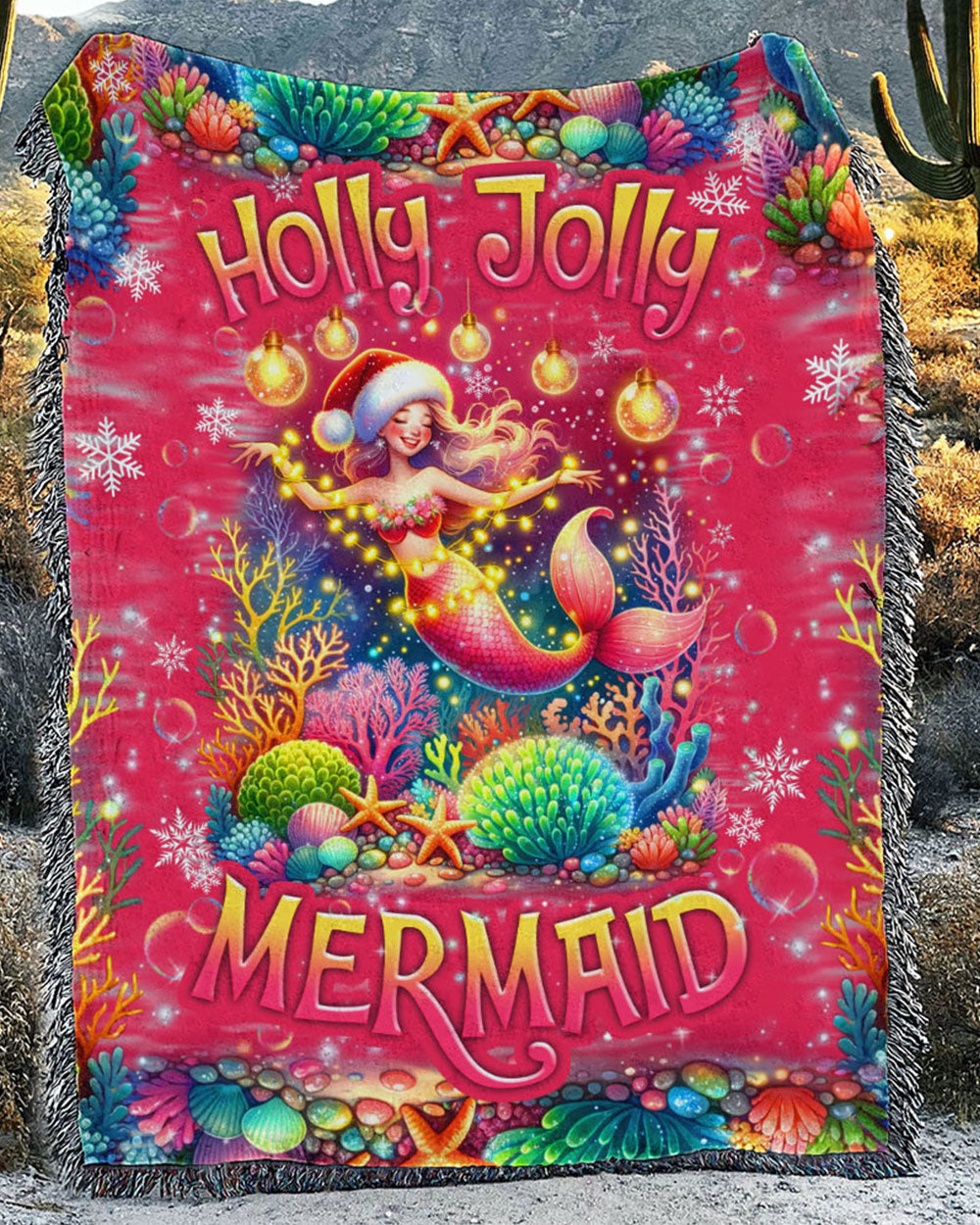 BLISSCORNERS HOLLY JOLLY MERMAID CHRISTMAS WOVEN AND FLEECE BLANKET