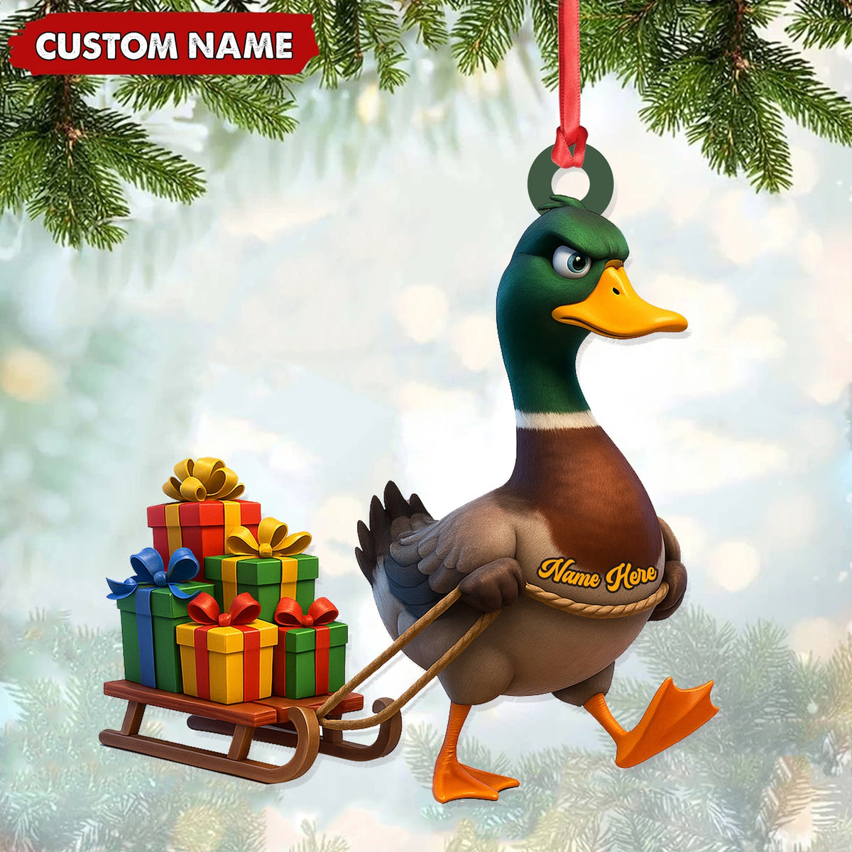 Blisscorners Funny Duck Acrylic Christmas Ornament - Mallard Pulling Gifts, Unique Christmas Gift for Hunters