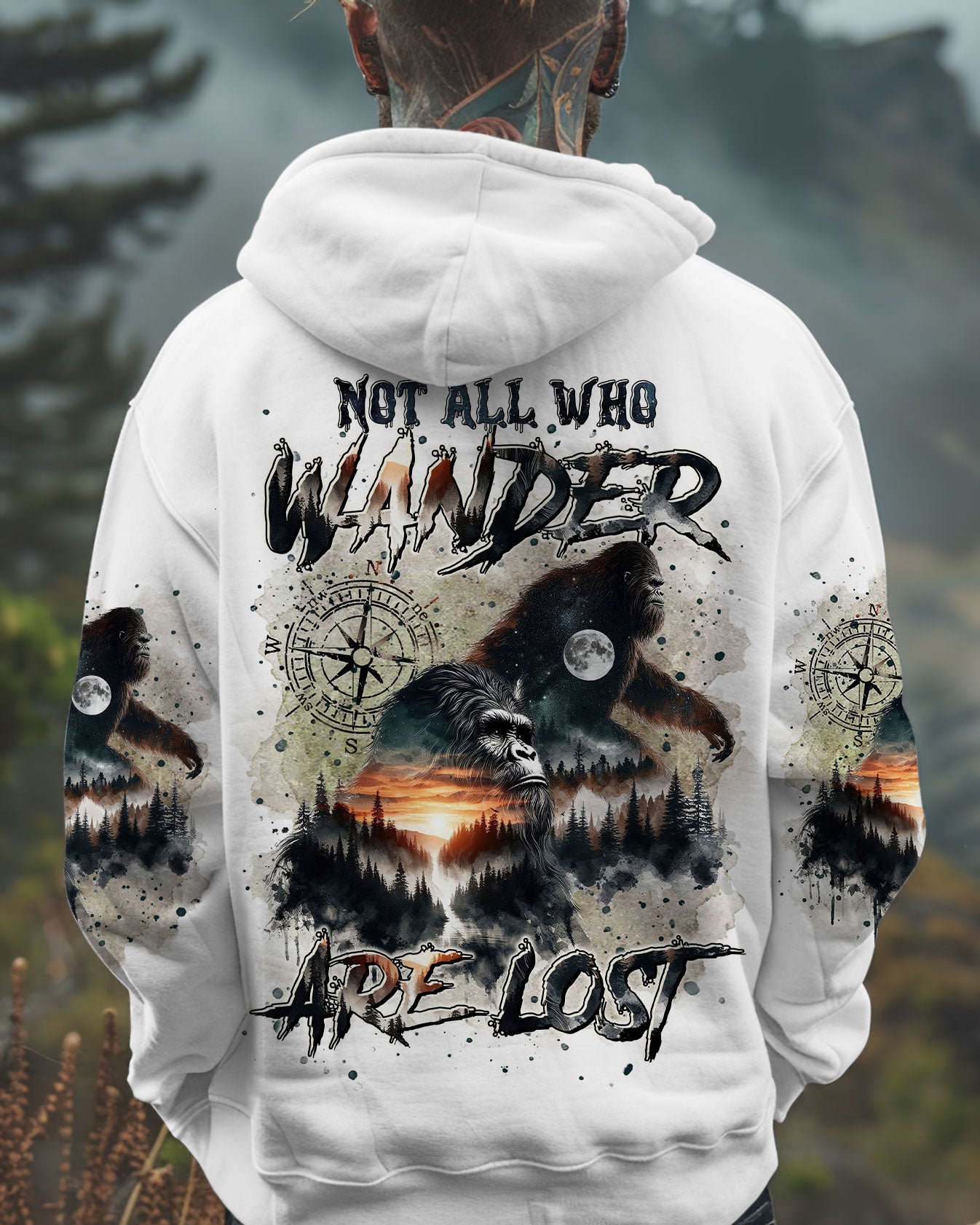BLISSCORNERS NOT ALL WHO WANDER ARE LOST BIGFOOT COMPASS ALL OVER PRINT