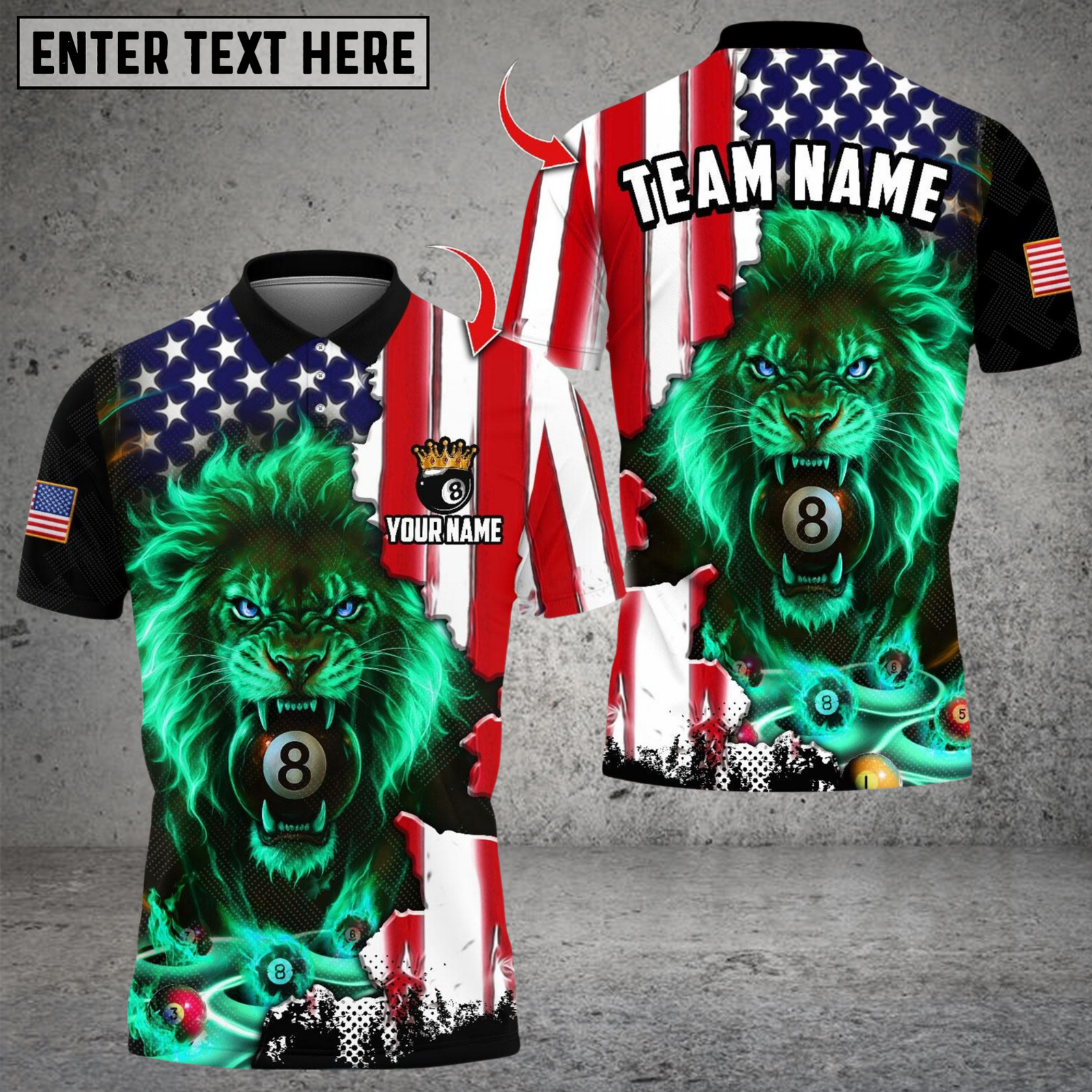 Blisscorners Billiard US Flag Lion With 8 Ball Pool Multicolor Customized Name, Team Name 3D Shirt