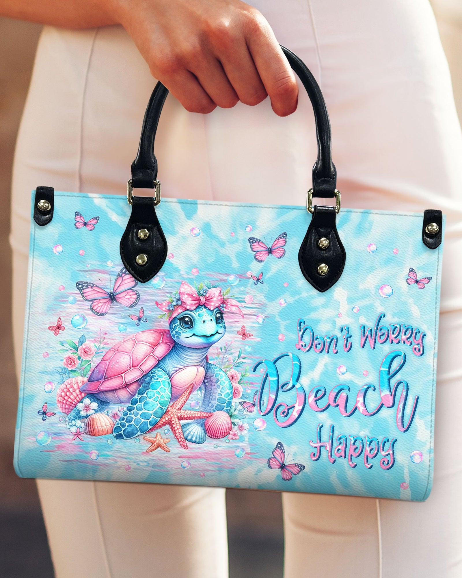 BLISSCORNERS DON'T WORRY BEACH HAPPY TURTLE LEATHER HANDBAG