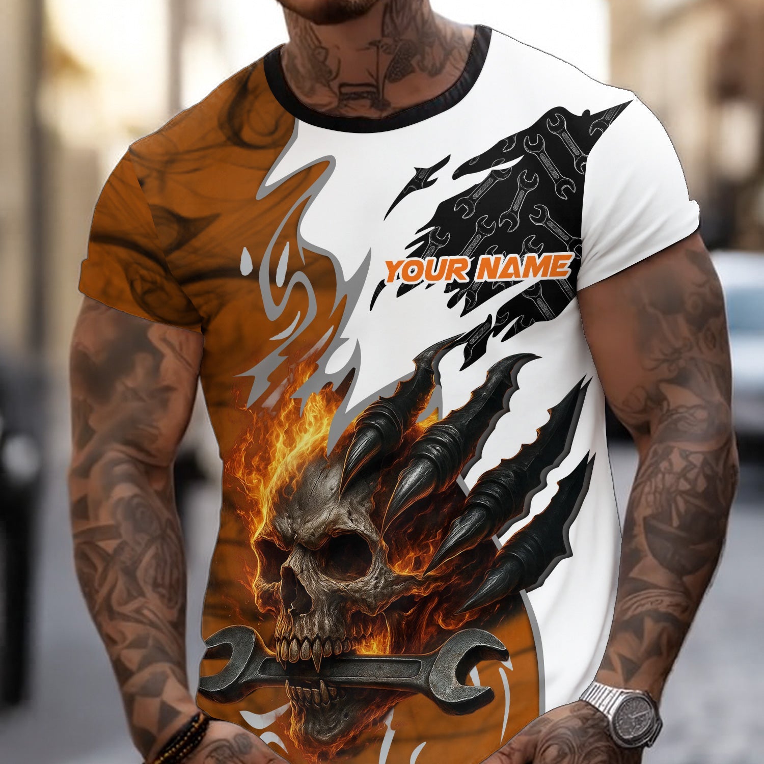 Blisscorners Personalized Mechanic Shirt, Skull Wrench Flame Claw Design, Mechanic Uniforms, Gift For Men