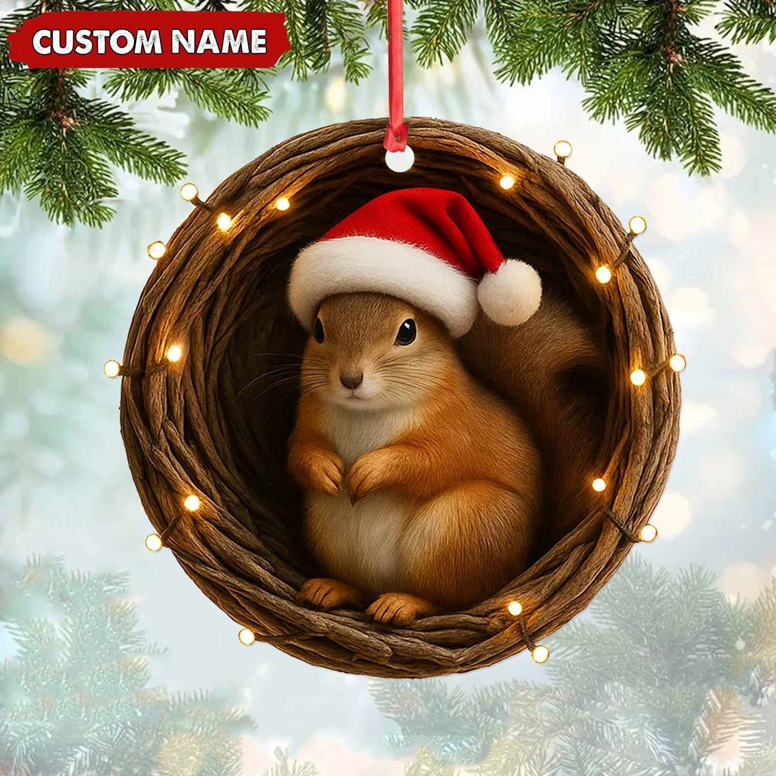 Blisscorners Personalized Squirrel Christmas Ornament, Custom Name Woodland Nest Santa Hat Decoration, Cute Holiday Tree Hanging Gift for Animal Lovers MT2411
