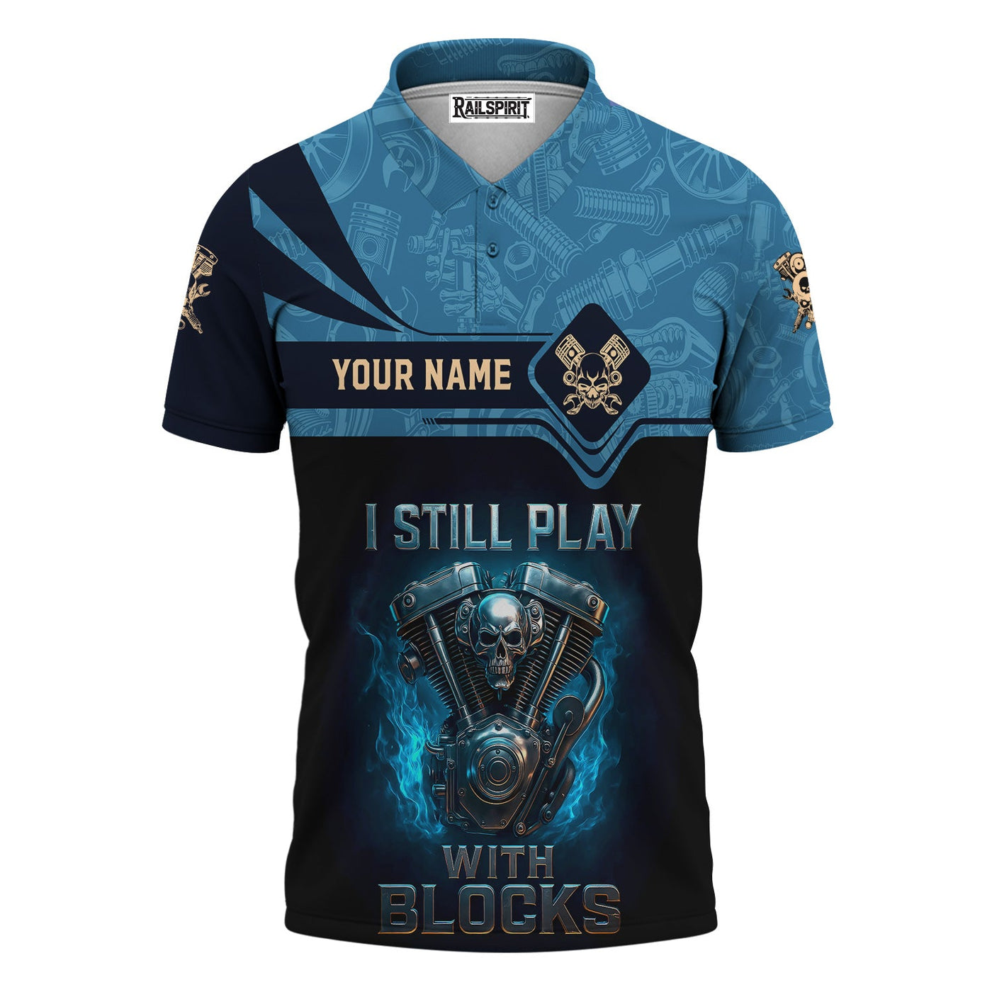 Blisscorners Personalized T-Shirt I Still Play With Blocks Flame Engine Skull Design Shirt for Mechanics