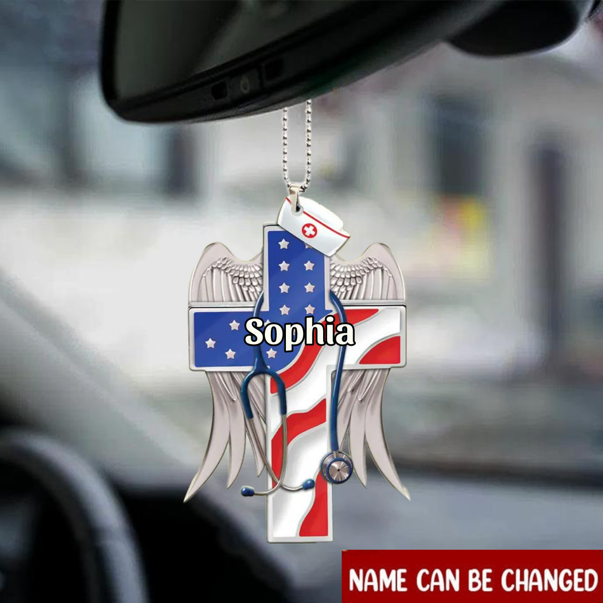 Blisscorners Personalized Flat Car Hanging Ornament Nurse Cross Us Flag, Car Mirror Decor For Nurse