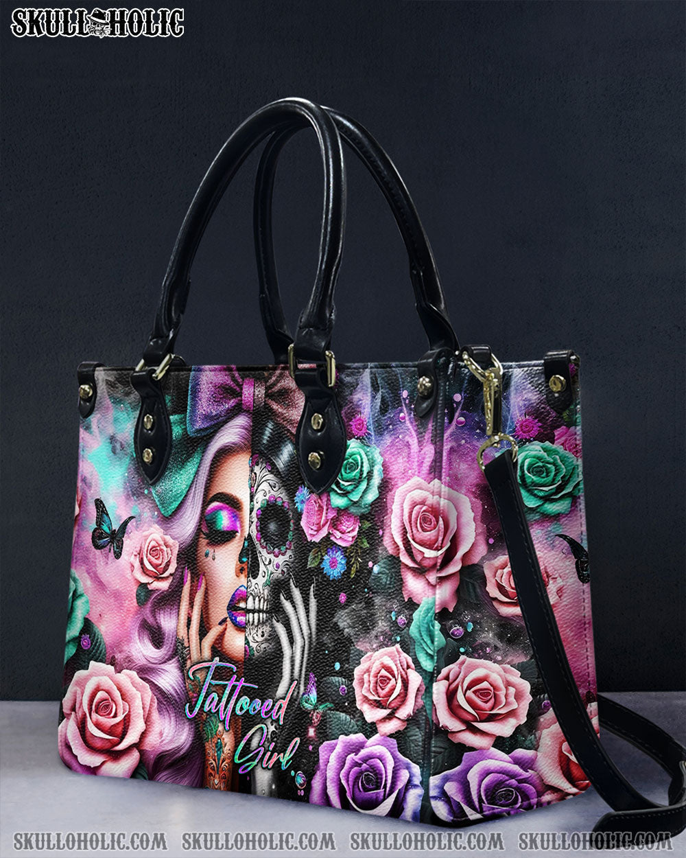 BLISSCORNERS TATTOOED GIRL SKULL LADY LEATHER HANDBAG