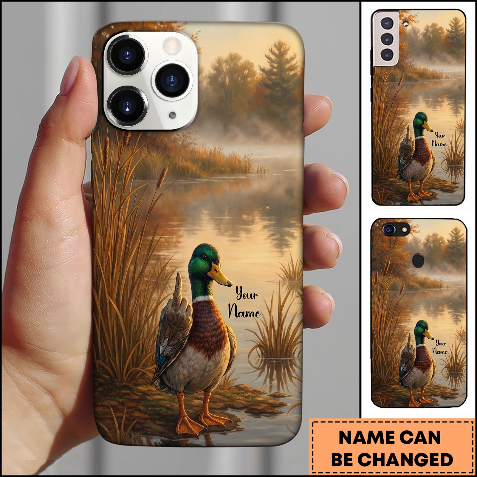 Blisscorners Artist Hunting Mallard Duck Lake Sunrise Watercolor Painting Personalized Name Phone Case