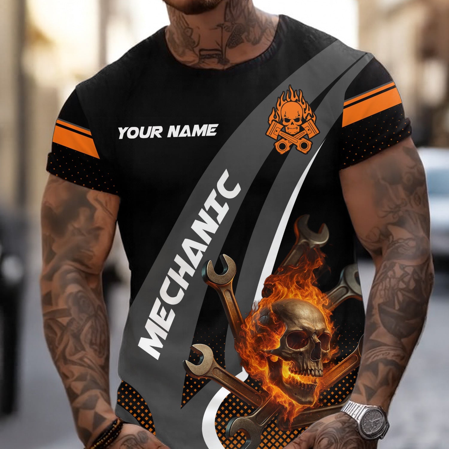 Blisscorners Personalized Mechanic Shirt, Skull Wrenches Flame Design, Mechanic Uniforms, Gift For Men