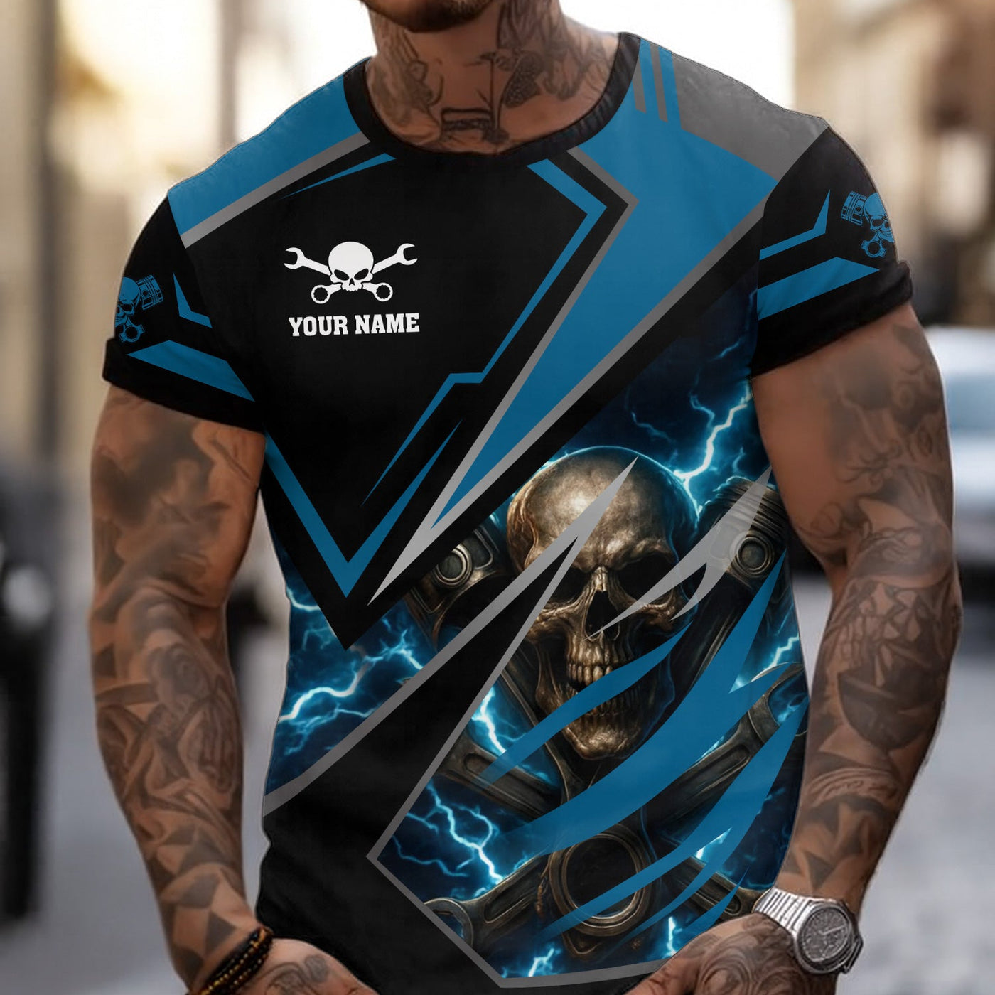 Blisscorners Personalized Mechanic Shirt, Skull Engine Piston Wrench Lighting Design, Mechanic Uniforms, Gift For Men