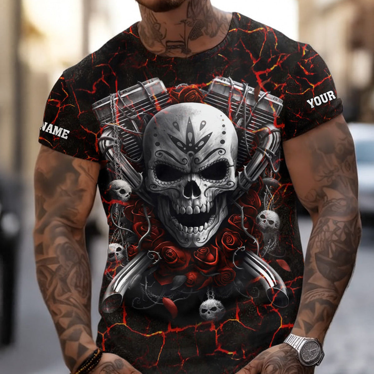 Blisscorners Custom Name Mechanic Shirt Machine Skull Flame Style T Shirt All Over Print