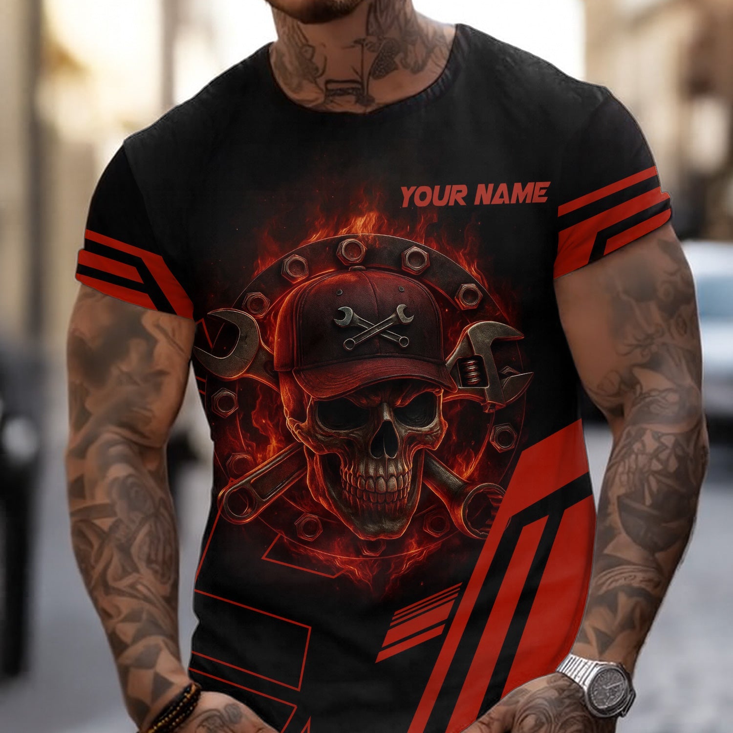 Blisscorners Custom Name Mechanic Shirt Mechanic Skull Red Unisex T Shirt All Over Print