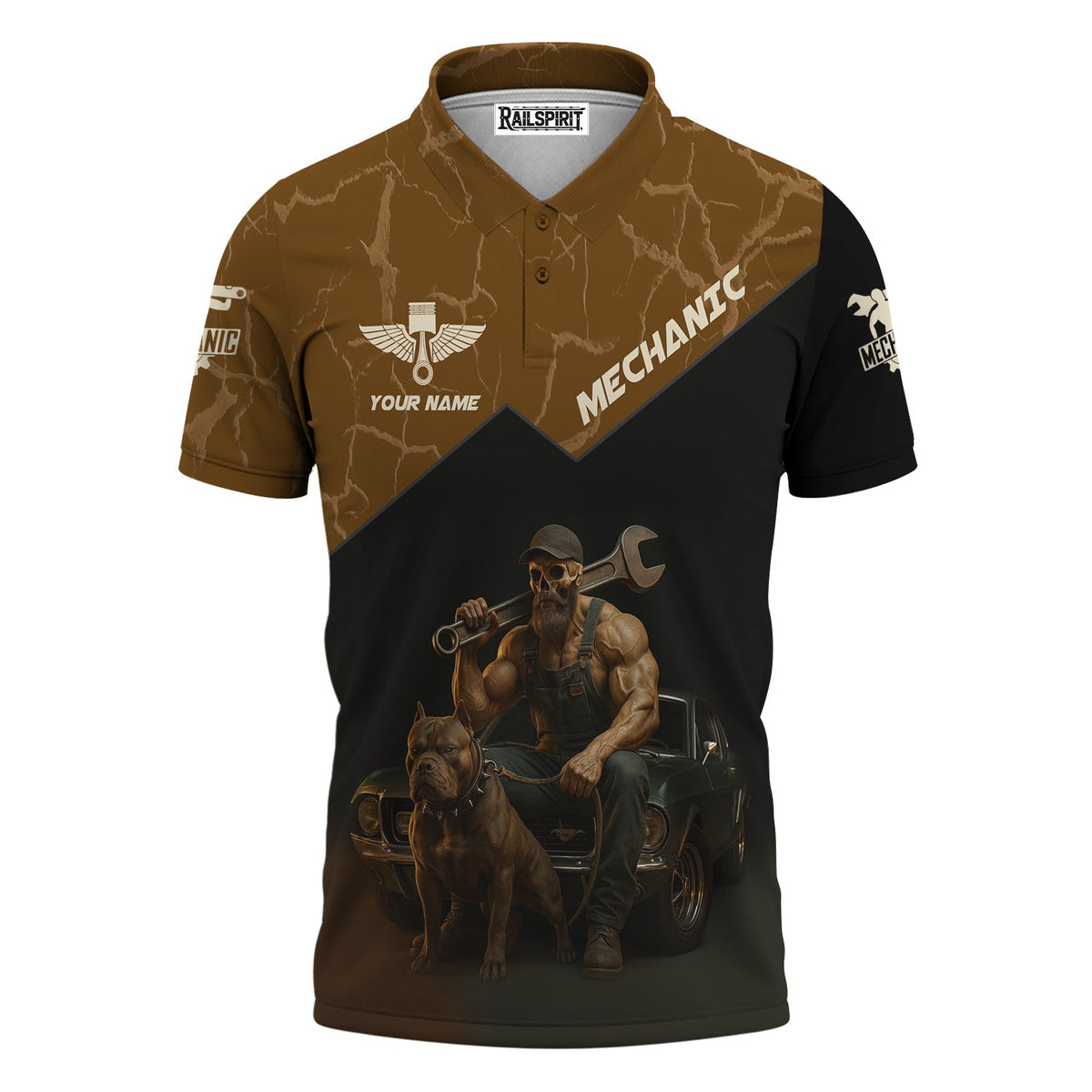Blisscorners Personalized T-Shirt Don't Mess With Vintage Mechanics Skull with Dog and Classic Car Design Shirt For Mechanics
