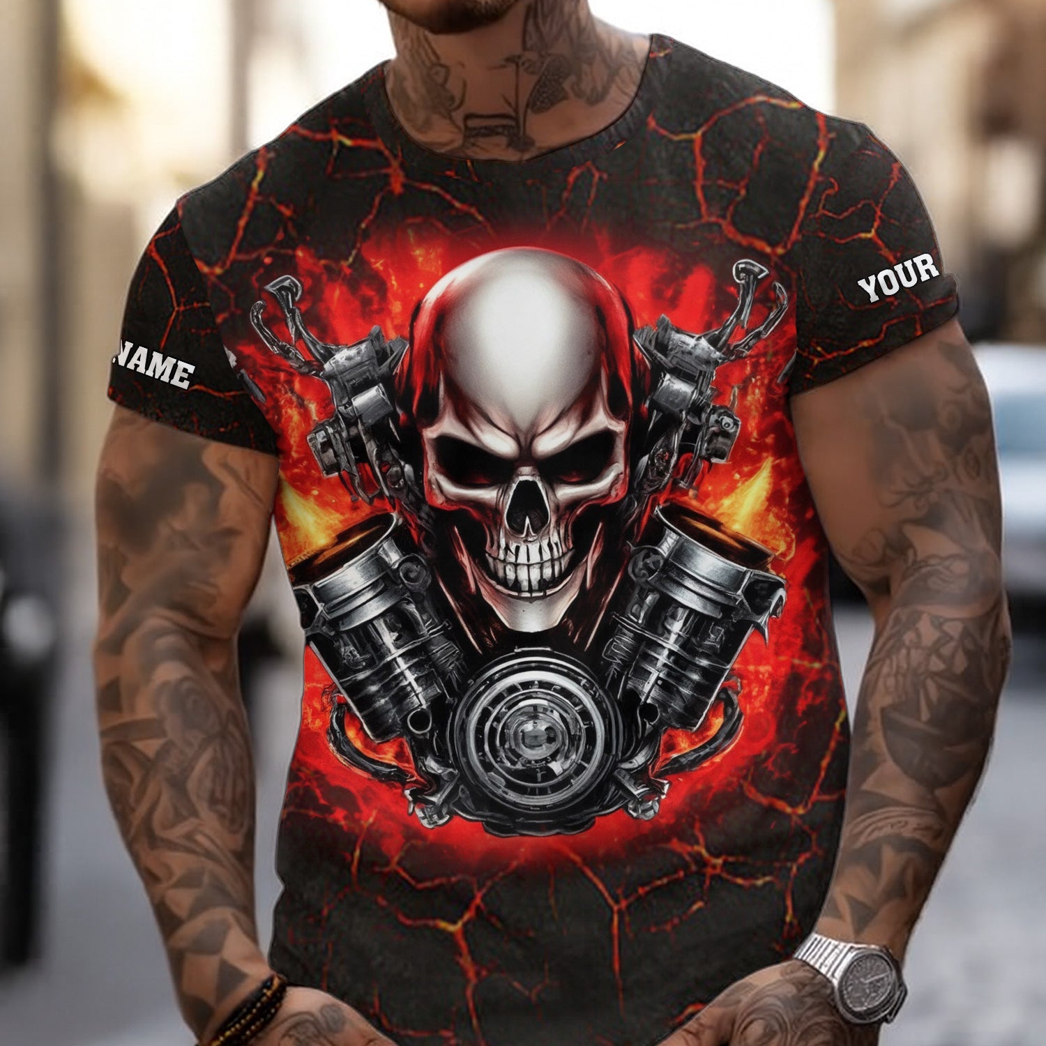 Blisscorners Custom Name Skull Mechanic Shirt Flame Style Printed Jacket Hoodie All Over Print