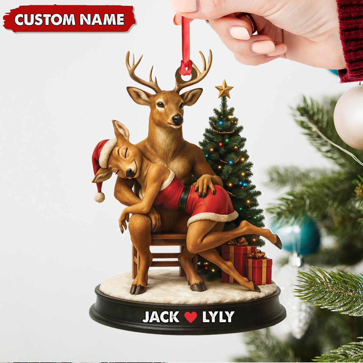 Blisscorners Personalized Acrylic Deer Couple Christmas Ornament - Romantic Holiday Decor for Couples & Wildlife Lovers LM0110