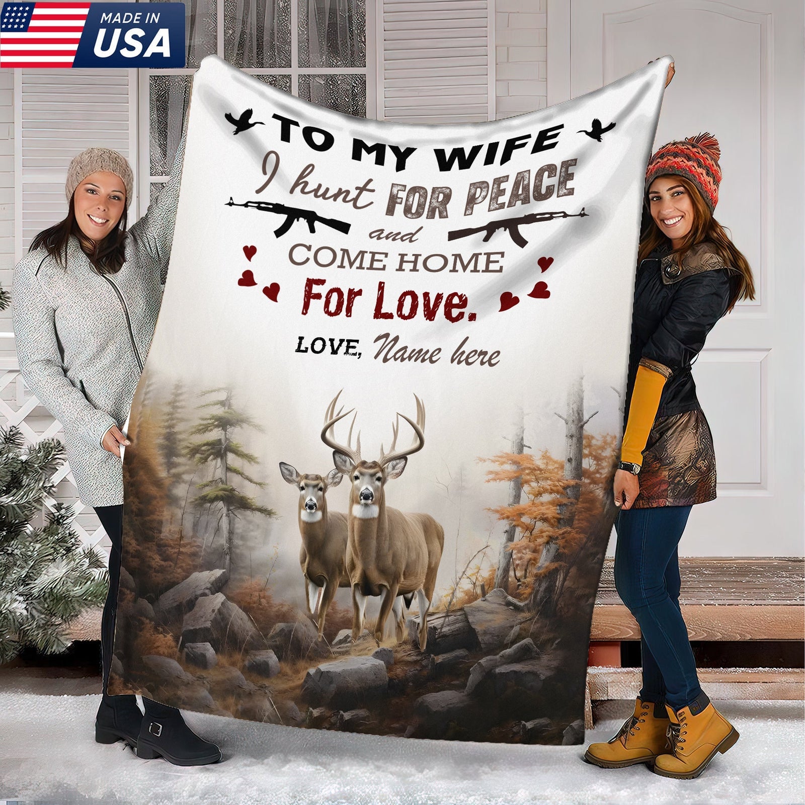 Blisscorners Personalized Deer Hunting Ã¢â‚¬Å“To My Wife, I Hunt for Peace and Come Home for LoveÃ¢â‚¬Â Fleece Blanket LM1611