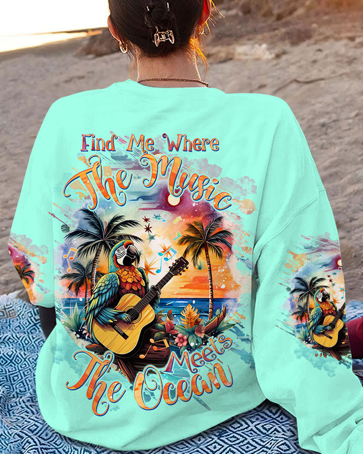 BLISSCORNERS FIND ME WHERE THE MUSIC MEETS THE OCEAN PARROT ALL OVER PRINT