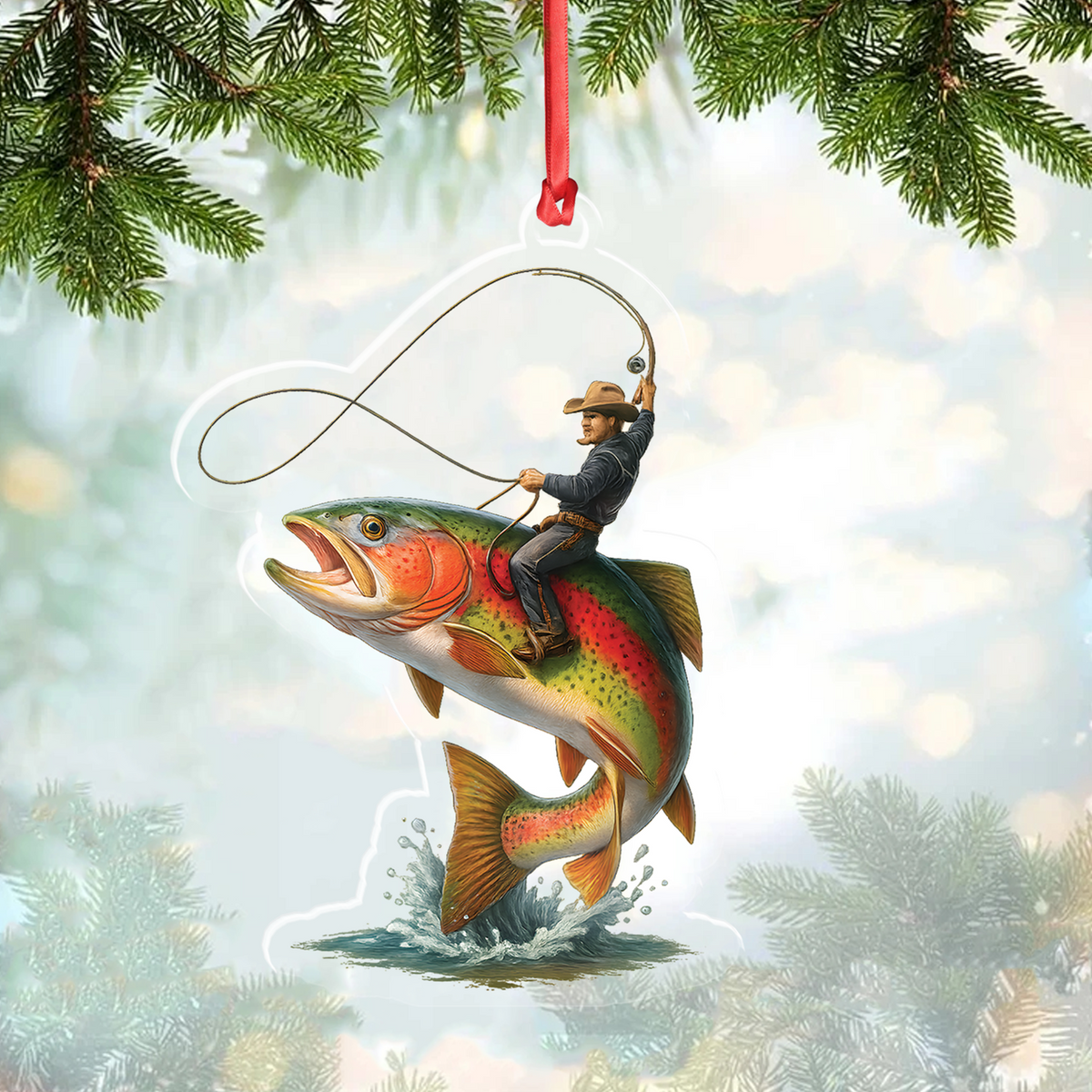 Blisscorners Personalized Funny Fishing Acrylic Ornament - Cowboy Riding Fish Christmas Decoration for Fishermen LM0411