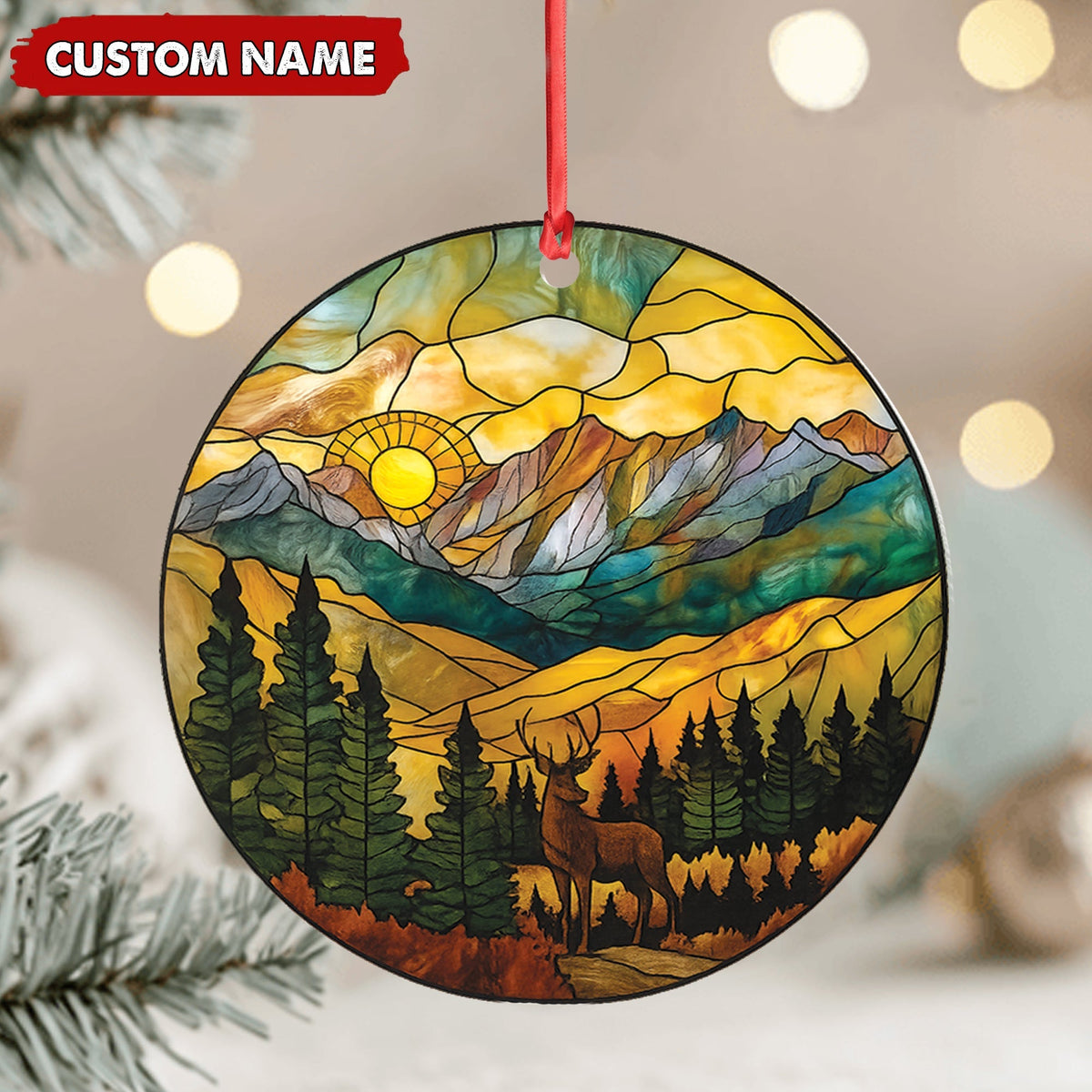 Blisscorners Personalized Deer Stained Glass Acrylic Ornament - Mountain Sunrise Christmas Tree Decoration Gift LM0411