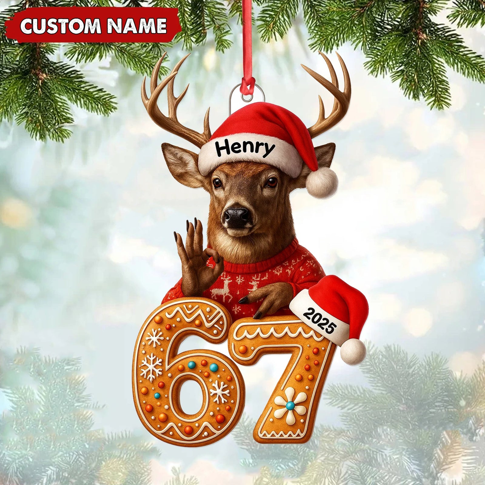 Blisscorners Personalized Deer Christmas Ornament, 67 Gingerbread Number Decoration 2025, Funny Buck Birthday Holiday Tree Gift MT2411