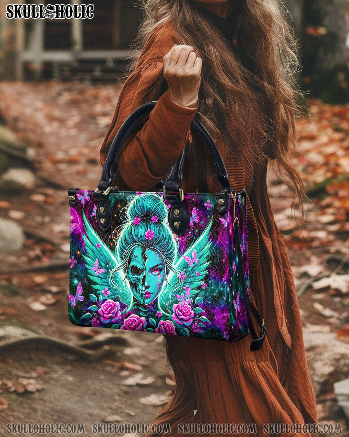 BLISSCORNERS SKULL WINGS WITH ROSES LEATHER HANDBAG
