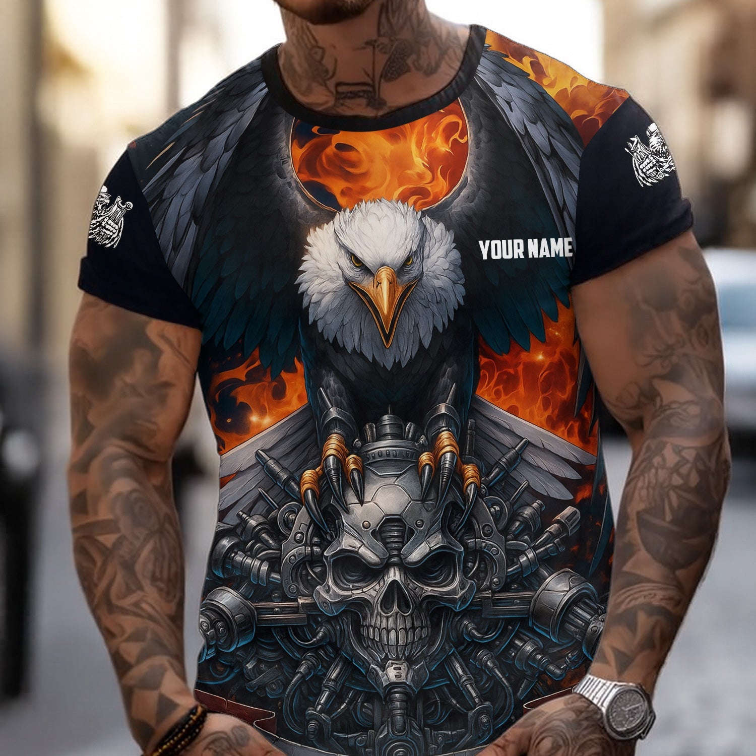 Blisscorners Custom Name Funny Eagle Mechanic Skull Unisex Black T Shirt