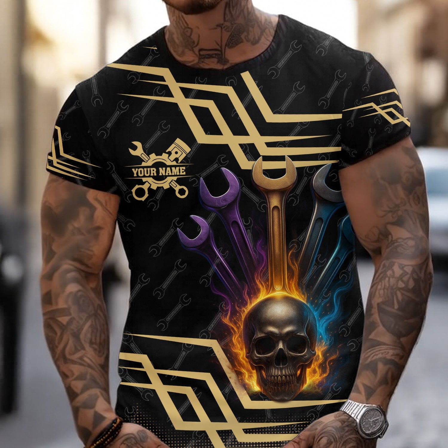Blisscorners Personalized Mechanic Shirt, Skull Colorful Wrenches Design, Mechanic Uniforms, Gift For Men