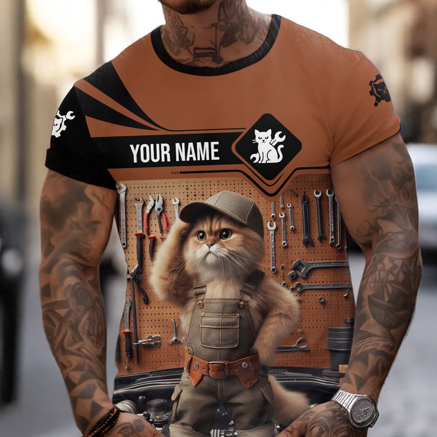 Blisscorners Custom Name Funny Mechanic Cat Wearing Uniform Shirt All Over Printed Mechanic T Shirt